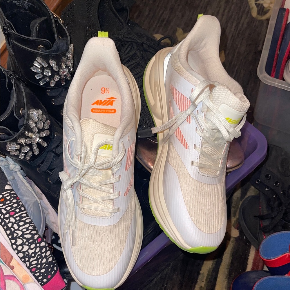 Avia Women's White and Neon Green Athletic Shoes